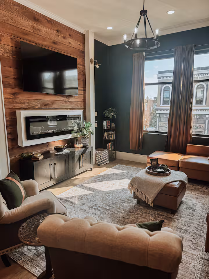 Living room of short-term rental located on Main Street