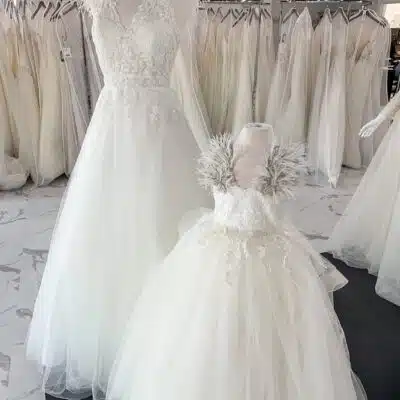 Bride and flower girl combination dresses at Vivi's