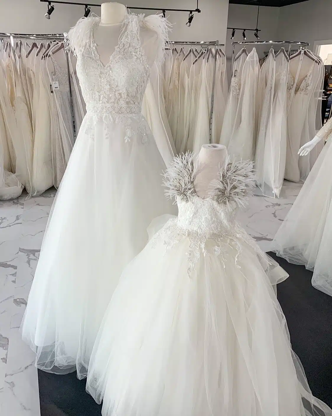 Bride and flower girl combination dresses at Vivi's