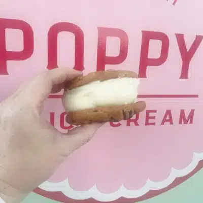 Poppy's classic ice cream sandwich in front of Poppy's mobile truck