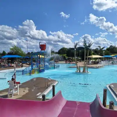 View into pool from one of the smaller water slides at Paradise Cove