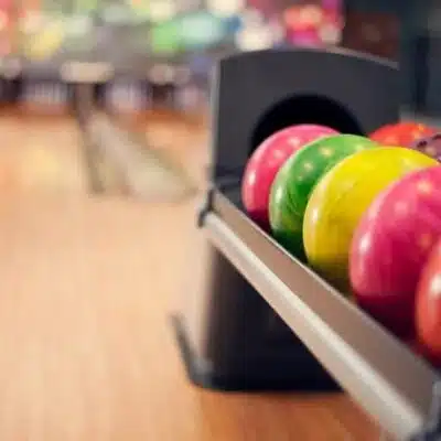 Bowling balls set up at Galaxy Bowling