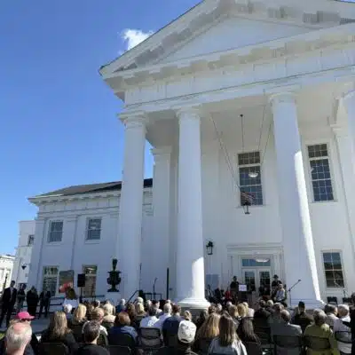 Crowd gathered at the ribbon cutting following the completion of the renovations to the courthouse