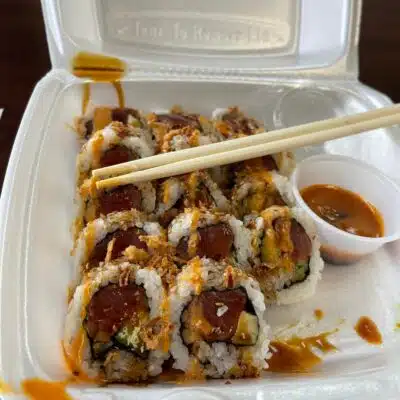 Sushi inside to-go container from Khin's Sushi