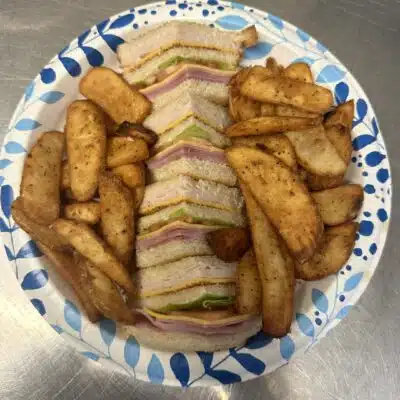 Club sandwich and potato wedges from Winklers Stockyards
