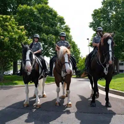 Police officers on horseback in front of the memorial