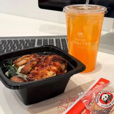 Bowl from Panda Express with a crafted drink and fortune cookie