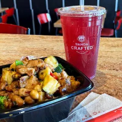 Bowl from Panda Express with crafted drink