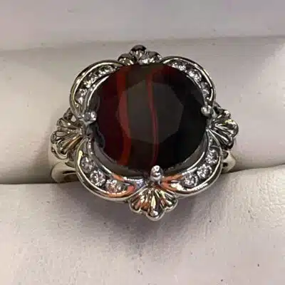 Closeup of detailed ring with agate in middle