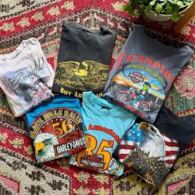 Folded display of Harley Davidson shirts from True Heart Vintage