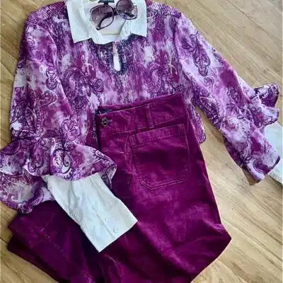 Purple suede pants with matching top from The Queens Closet