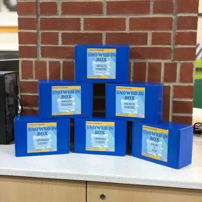 Snowed in mystery book boxes at the Madison County Public Library