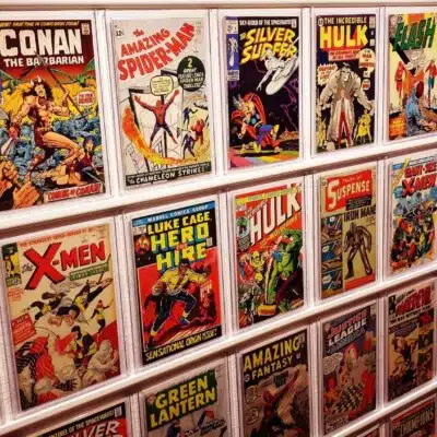 Variety of comics displayed in rack