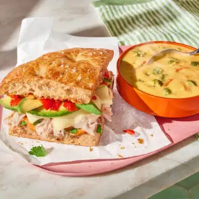 Broccoli cheddar soup cup with chipotle chicken avocado melt from Panera Bread