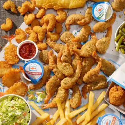 Aerial view of food from Captain D's with sauce