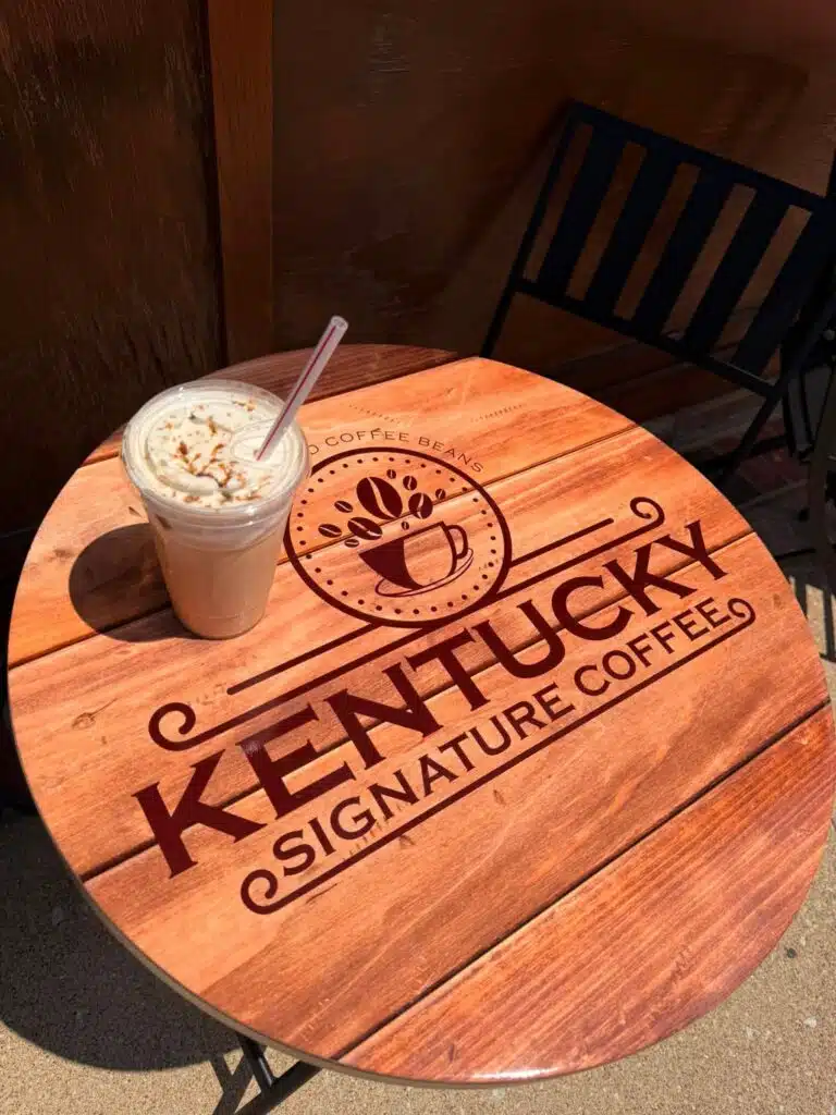 Iced coffee on exterior table at Kentucky Signature Coffee