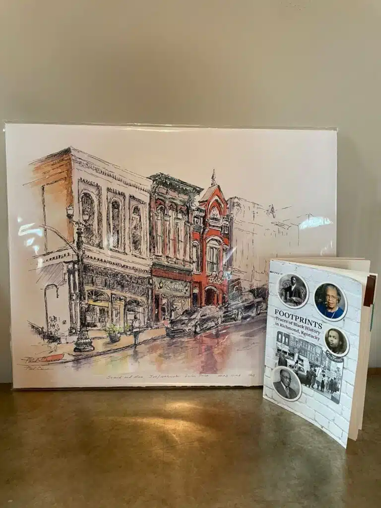 Artwork of downtown Richmond with copy of Footprints