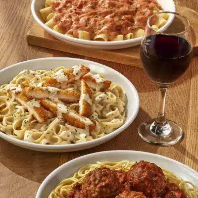 Chicken fettucine alfredo and red wine at Olive Garden