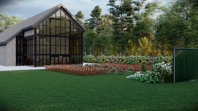 Conceptual photo of the Atrium at The Stone House at Silver Creek, with an outdoor ceremony with the Atrium enclosure behind