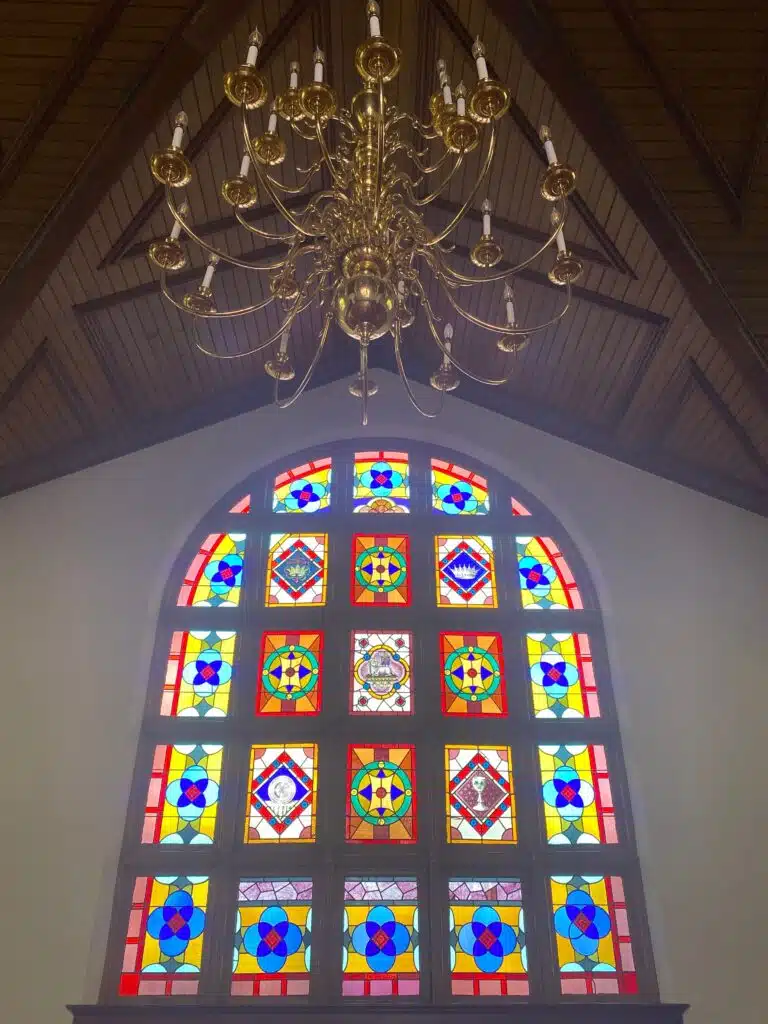 Richmond Area Arts Center stained glass window and chandelier