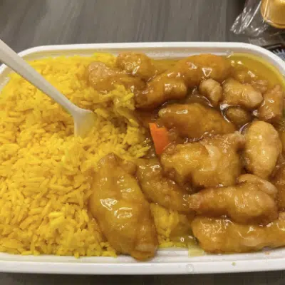 Sweet and sour chicken with fried rice from China King