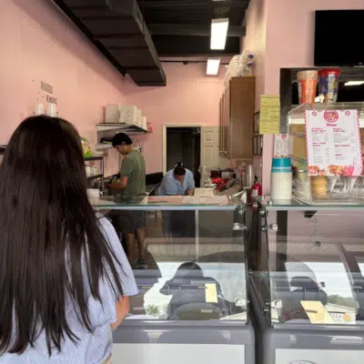 Waiting in line at the counter of Amy's Ice Cream