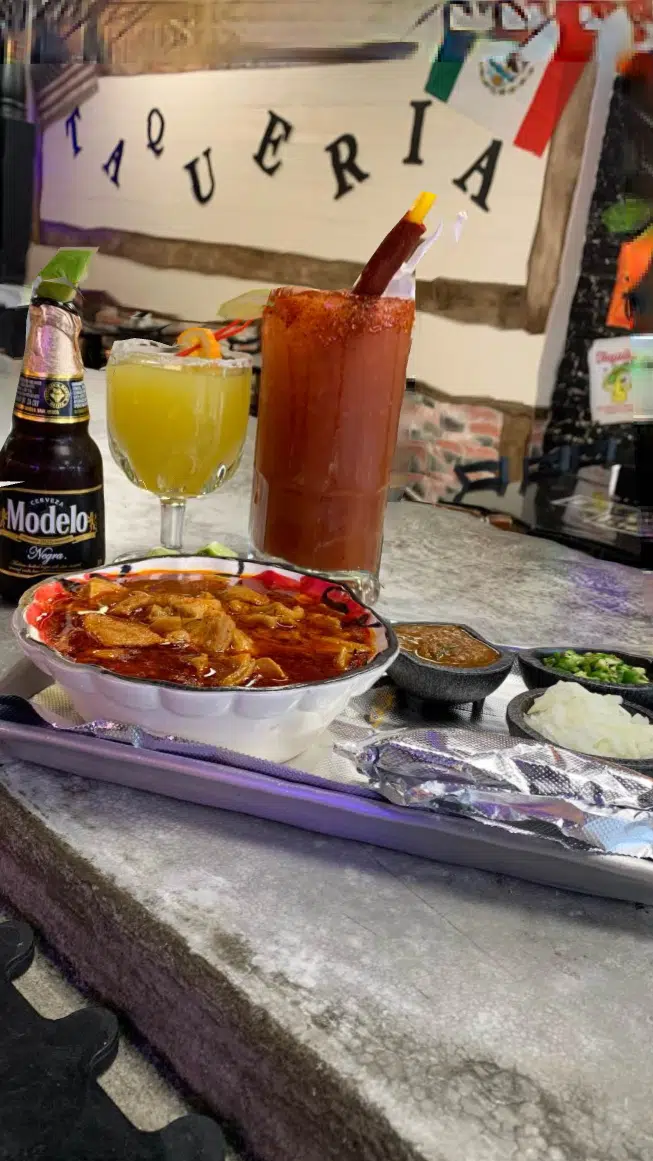 Tray of food with margarita at Tacos Paisa