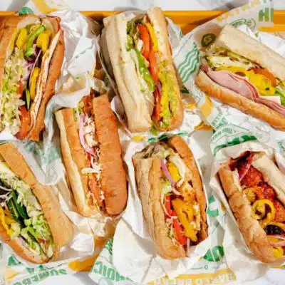 Aerial view of variety of subs from Subway