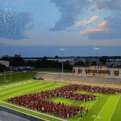 Incoming freshman class forming E on the football field of Eastern Kentucky University