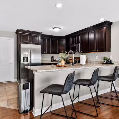 Kitchen and eat-in space inside a short-term rental