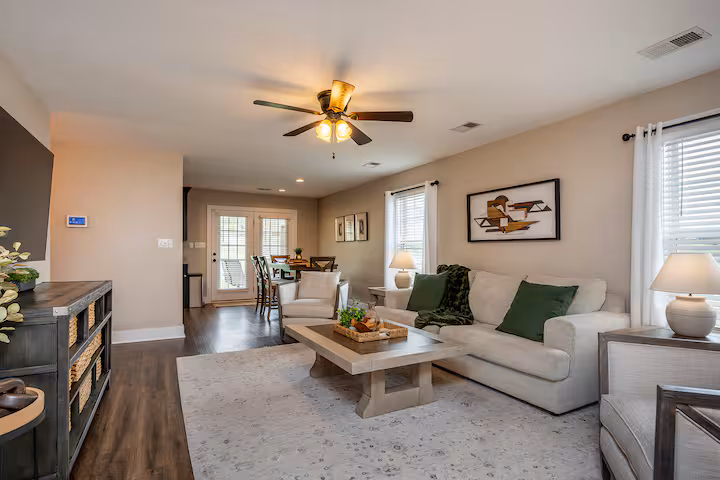 Living room of short-term rental with a light and airy look
