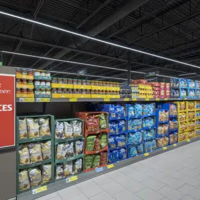 Dry goods aisle inside Aldi