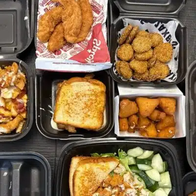 Aerial view of variety of Zaxby's food