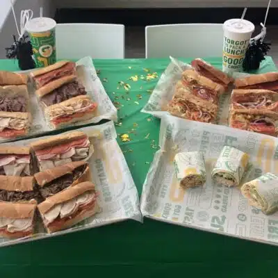 Aerial view of trays of food from Subway