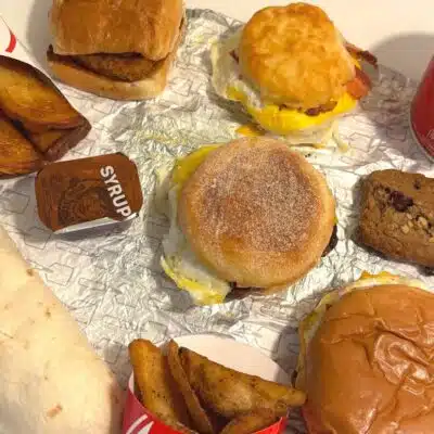 Aerial view of spread of food from Wendy's
